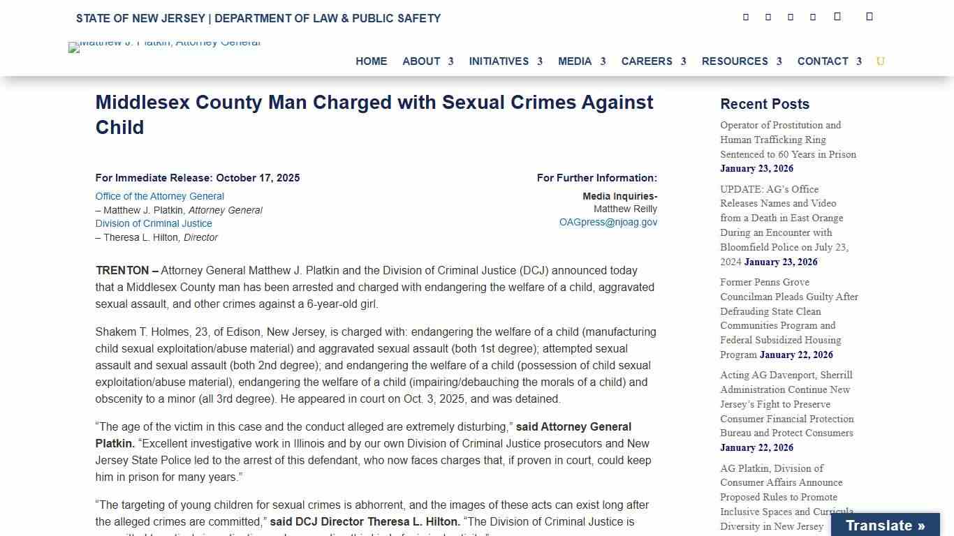 Middlesex County Man Charged with Sexual Crimes Against Child - New Jersey Office of Attorney General
