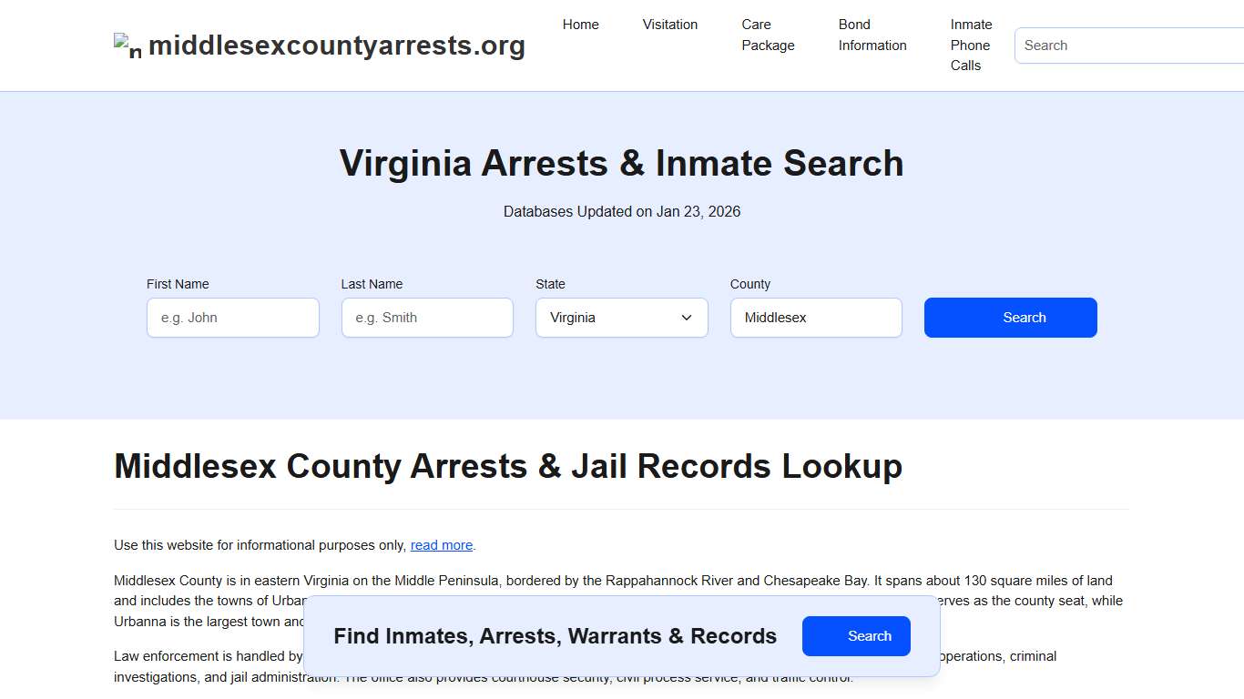 Middlesex County, VA Arrests, Warrants, Police Records Search